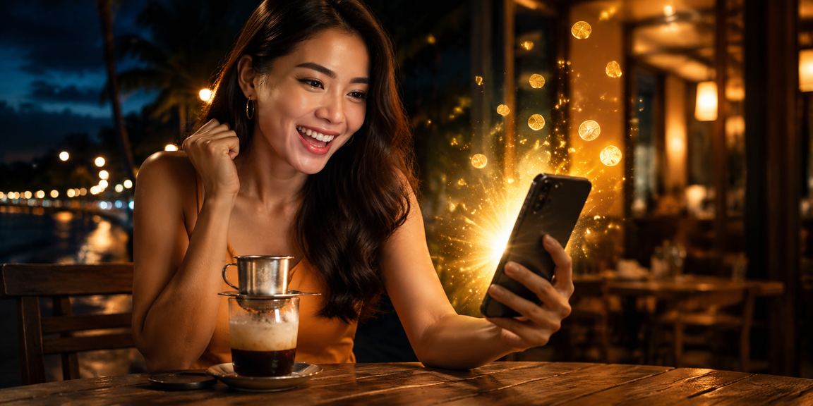 Người dùng tại Mũi Né xem ưu đãi khuyến mãi 100zz trên điện thoại bên ly cà phê buổi sáng