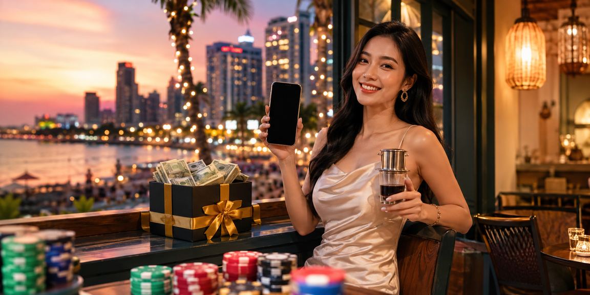 Người dùng trải nghiệm casino trực tuyến trên điện thoại tại Phú Quốc bên ly cà phê